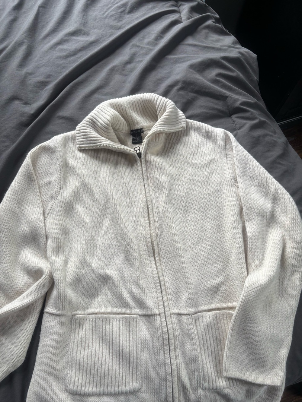 Cream Full-Zip Knit Cardigan with Pockets